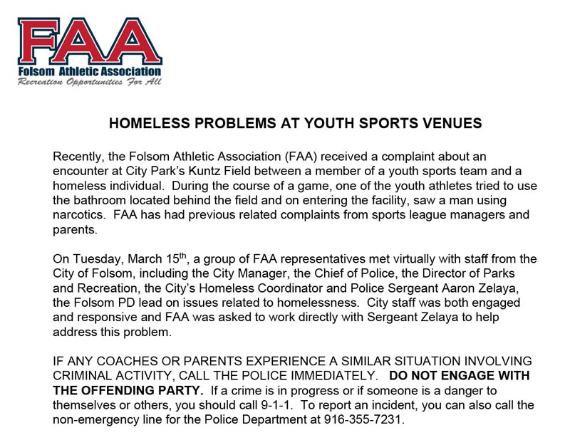 Homeless Problems at Youth Sports Venues 3-15-2022 Folsom Athletic Association